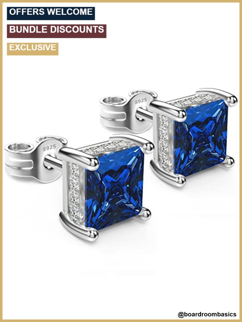 Sterling Silver Cubic Zirconia Stud Earrings Square 4 Prong Men